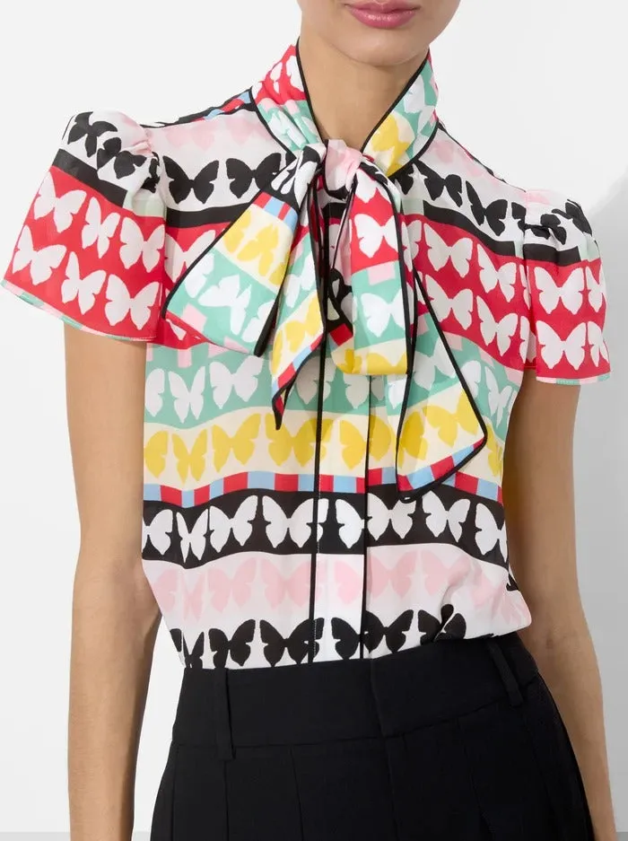 Alice   Olivia Jeannie Piped Bow Collar Button Down in Flutters