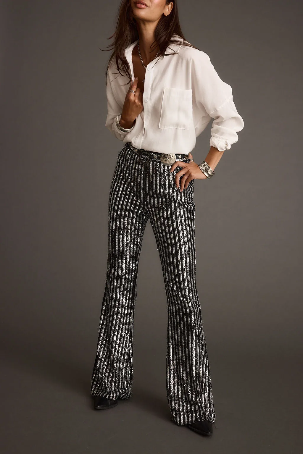 Alicia Black and Silver Striped Sequin Pants