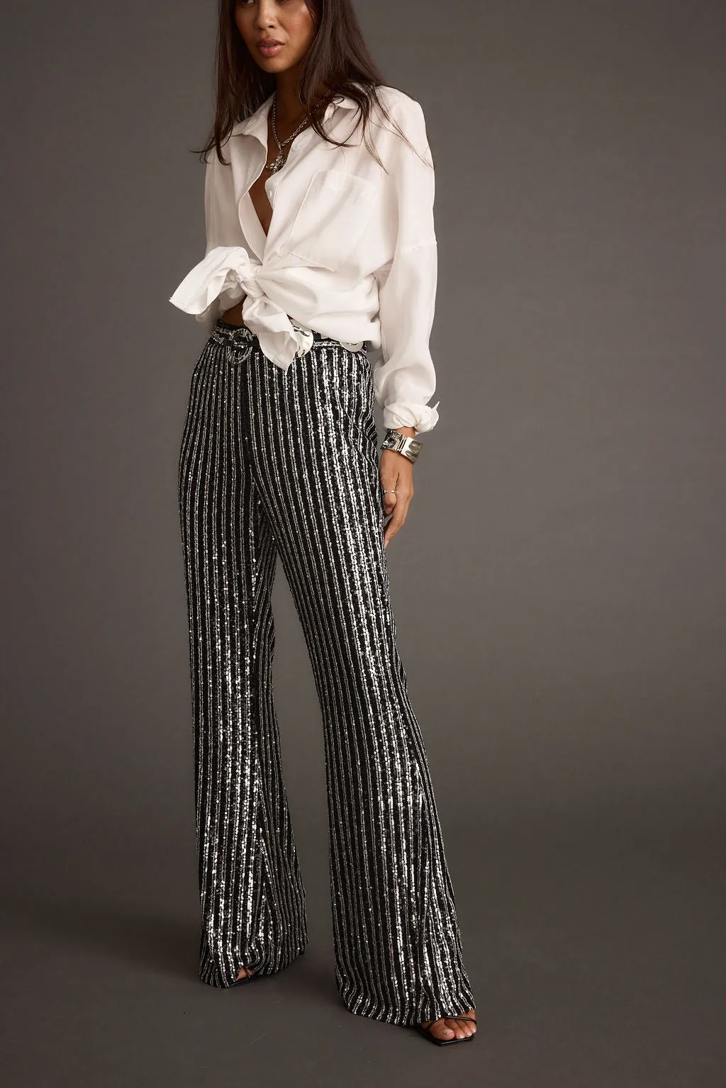 Alicia Black and Silver Striped Sequin Pants