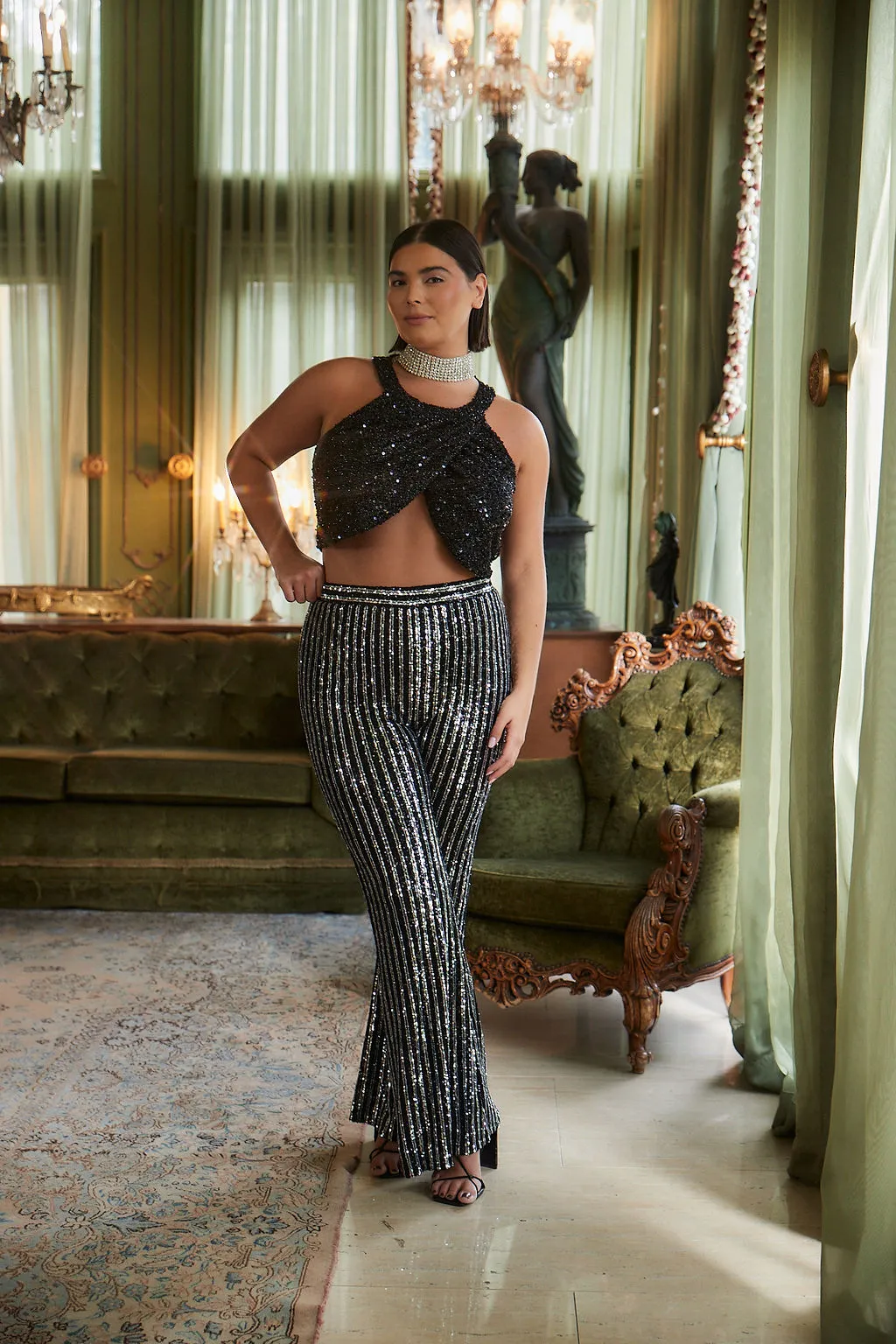 Alicia Black and Silver Striped Sequin Pants