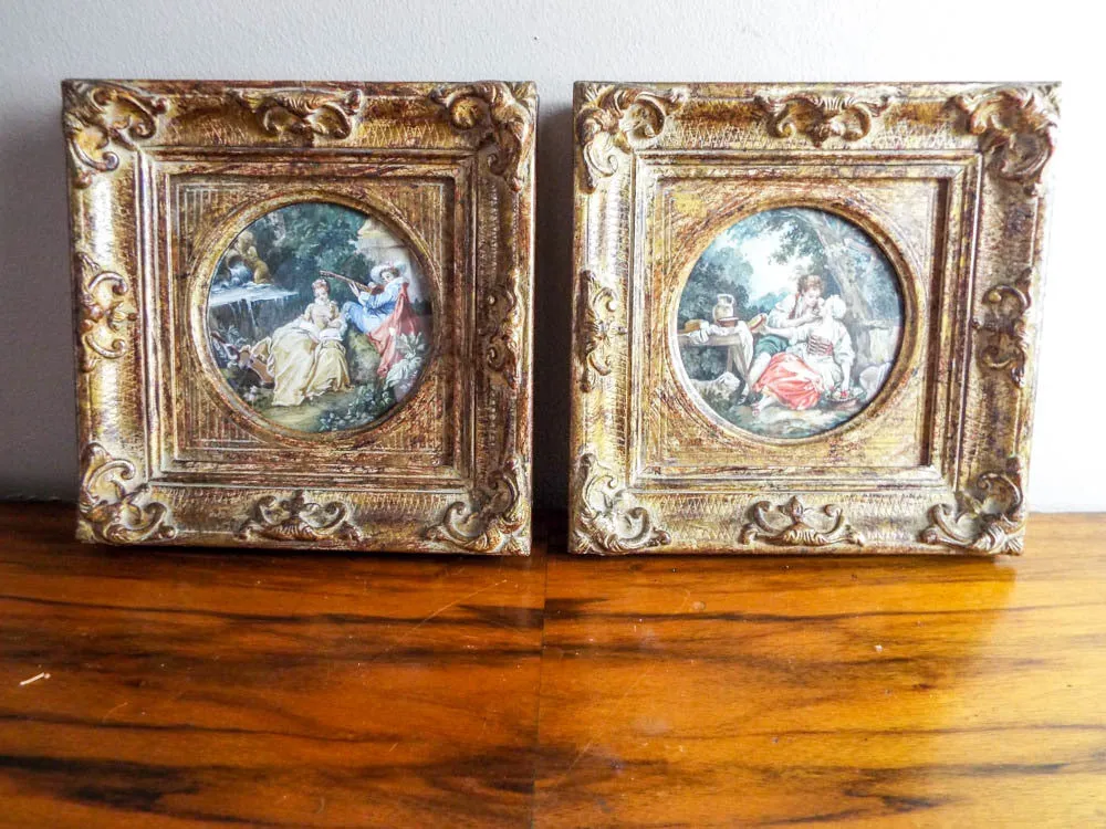 Antique 19th C Framed Miniature Scenic Paintings After Boucher