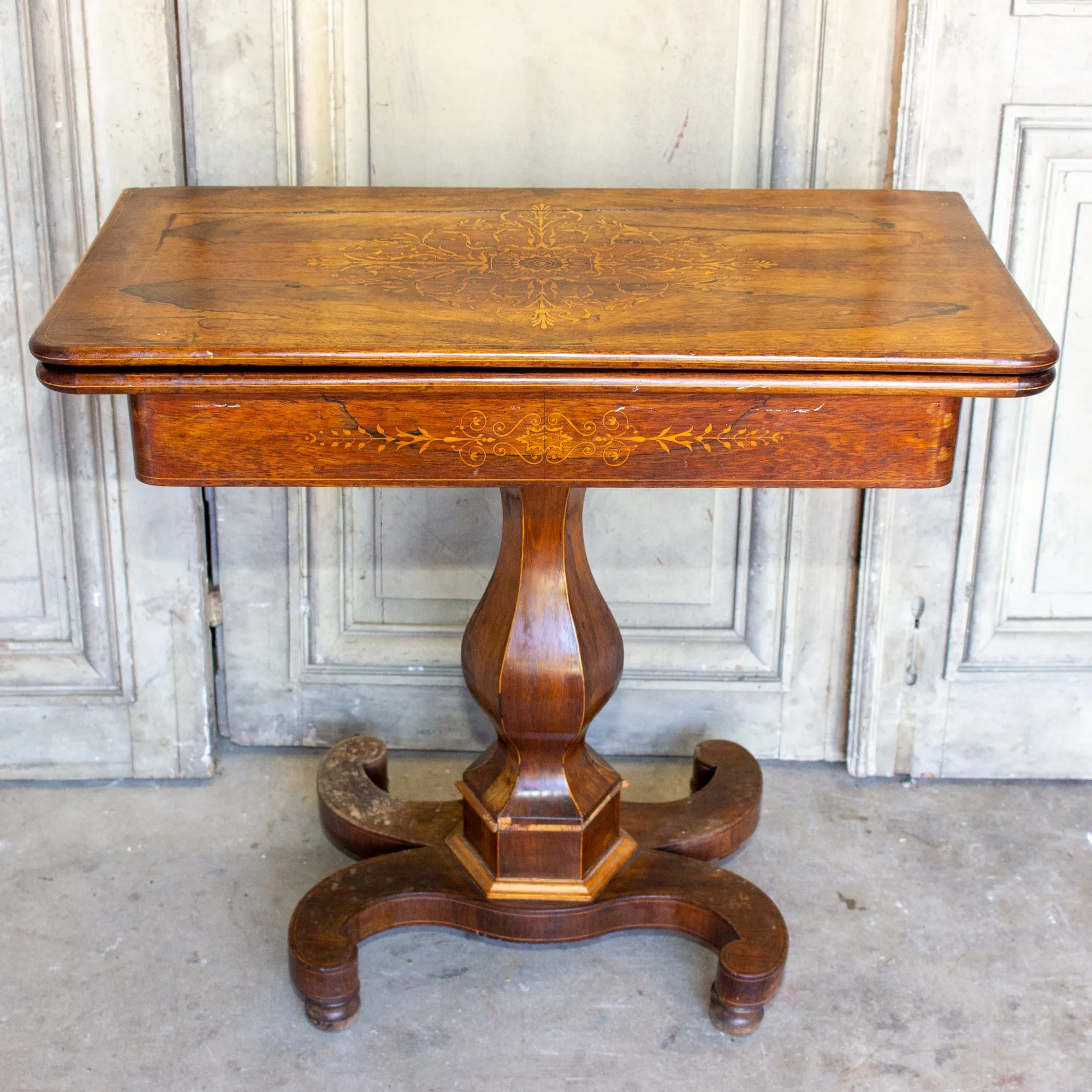 Antique French Folding Game Table Console with Inlaid Details and Velvet