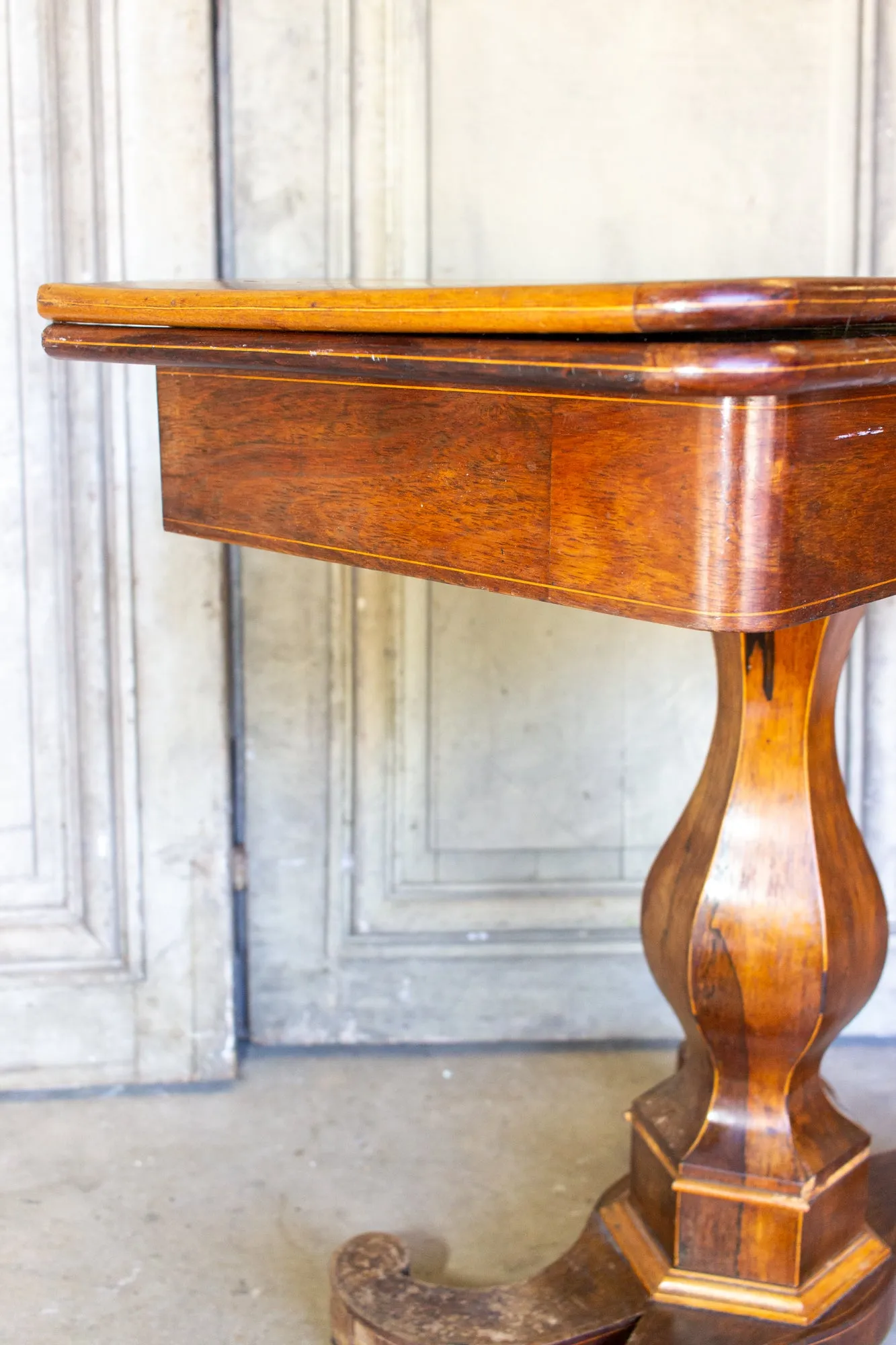 Antique French Folding Game Table Console with Inlaid Details and Velvet