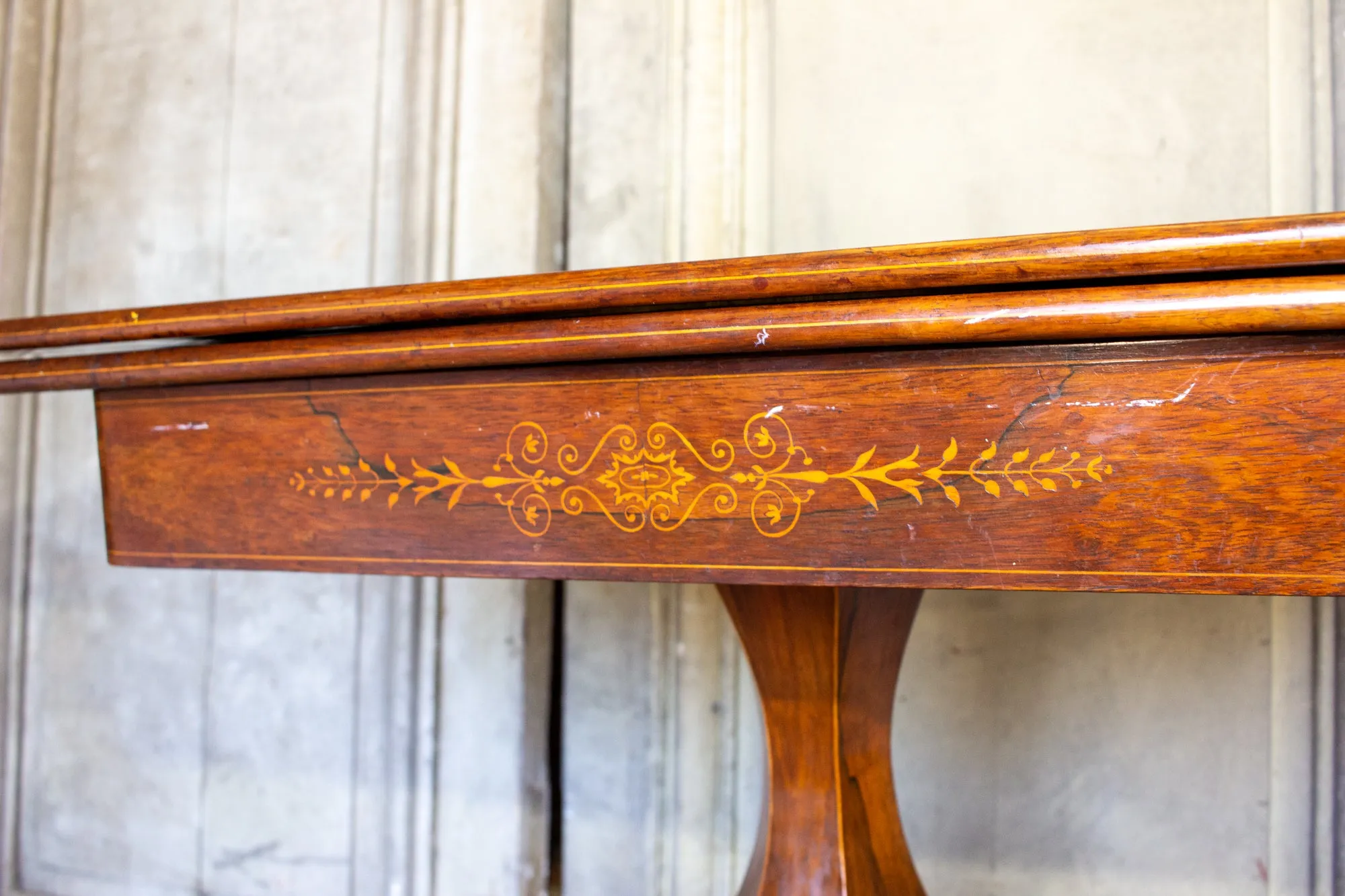 Antique French Folding Game Table Console with Inlaid Details and Velvet