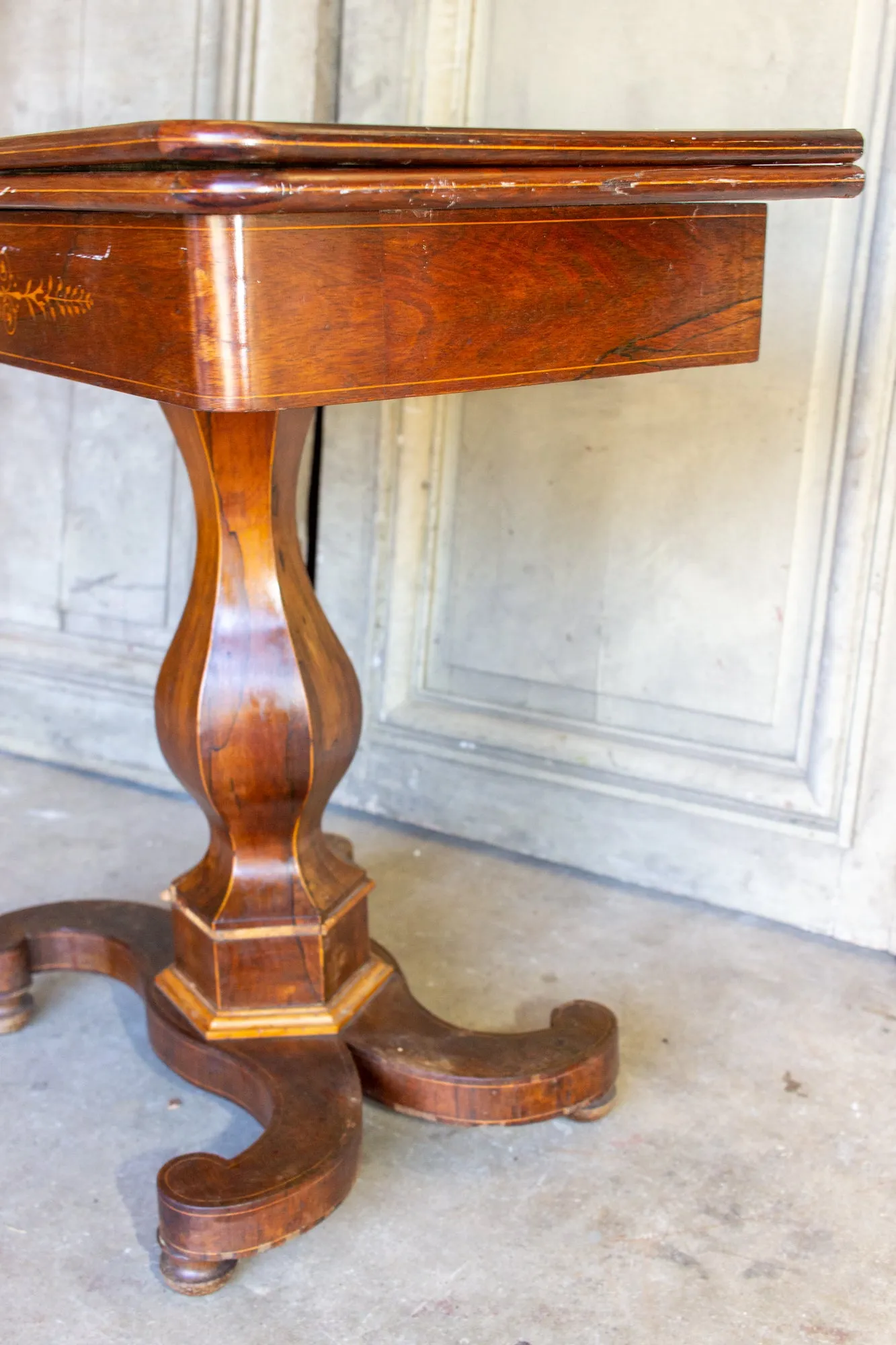 Antique French Folding Game Table Console with Inlaid Details and Velvet