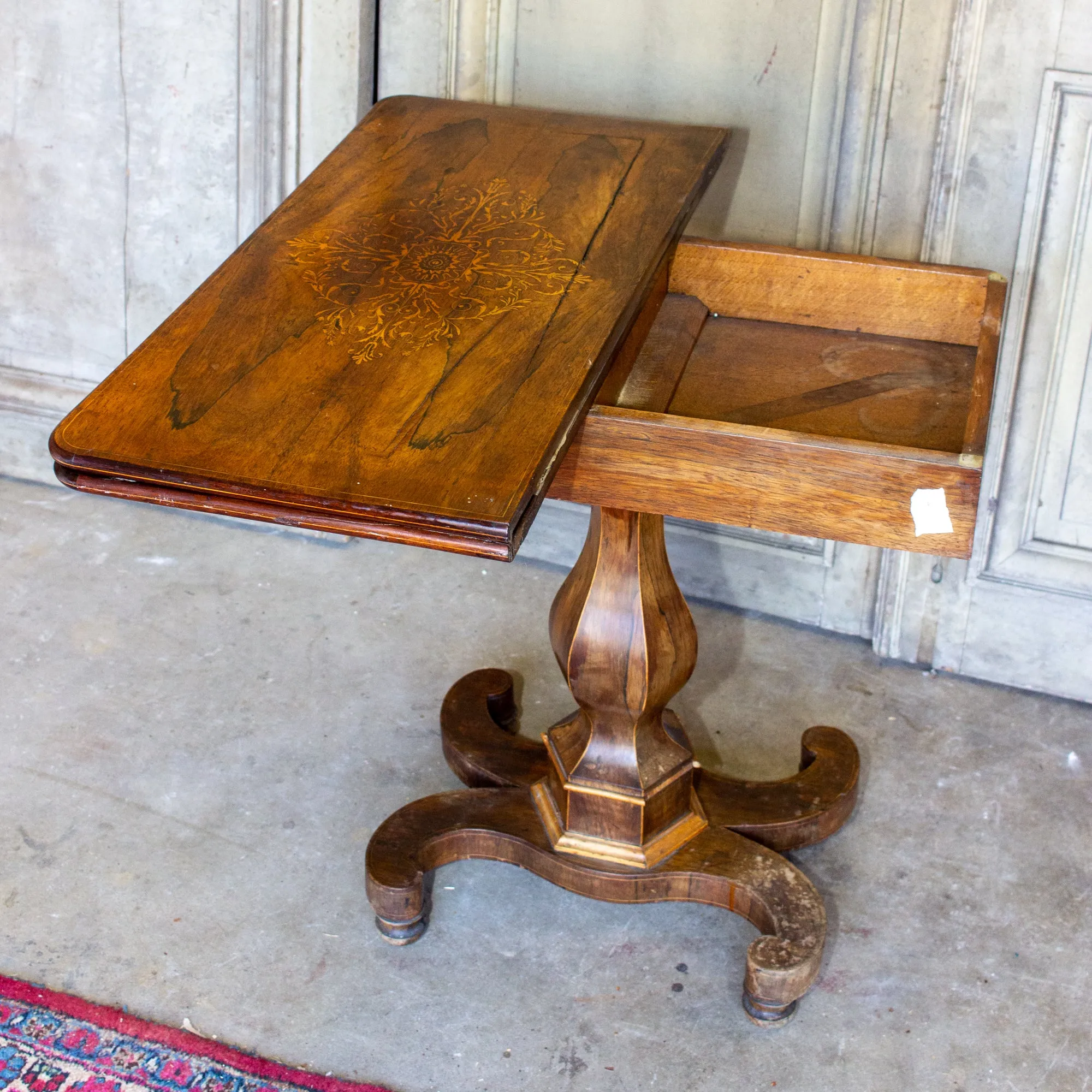 Antique French Folding Game Table Console with Inlaid Details and Velvet