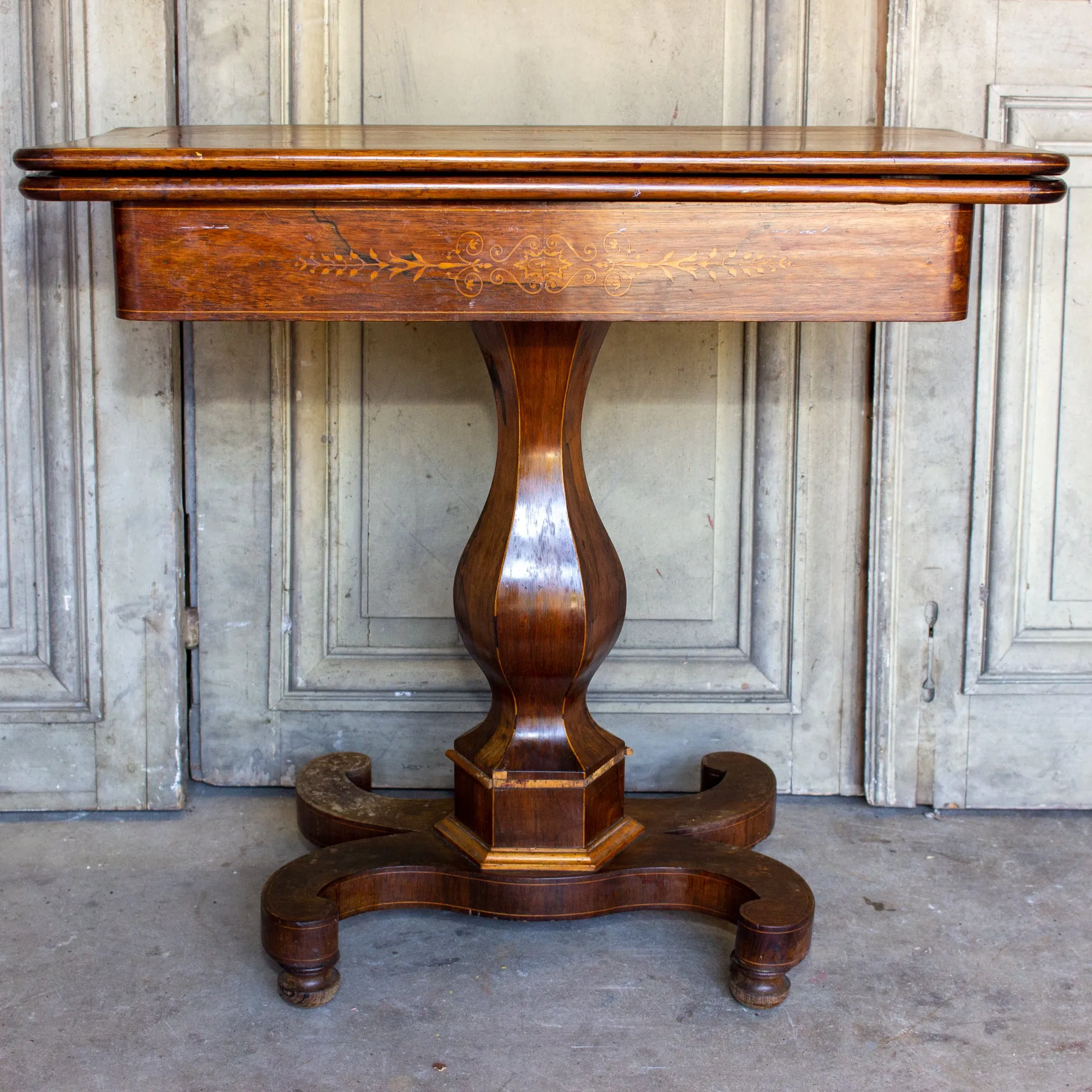 Antique French Folding Game Table Console with Inlaid Details and Velvet