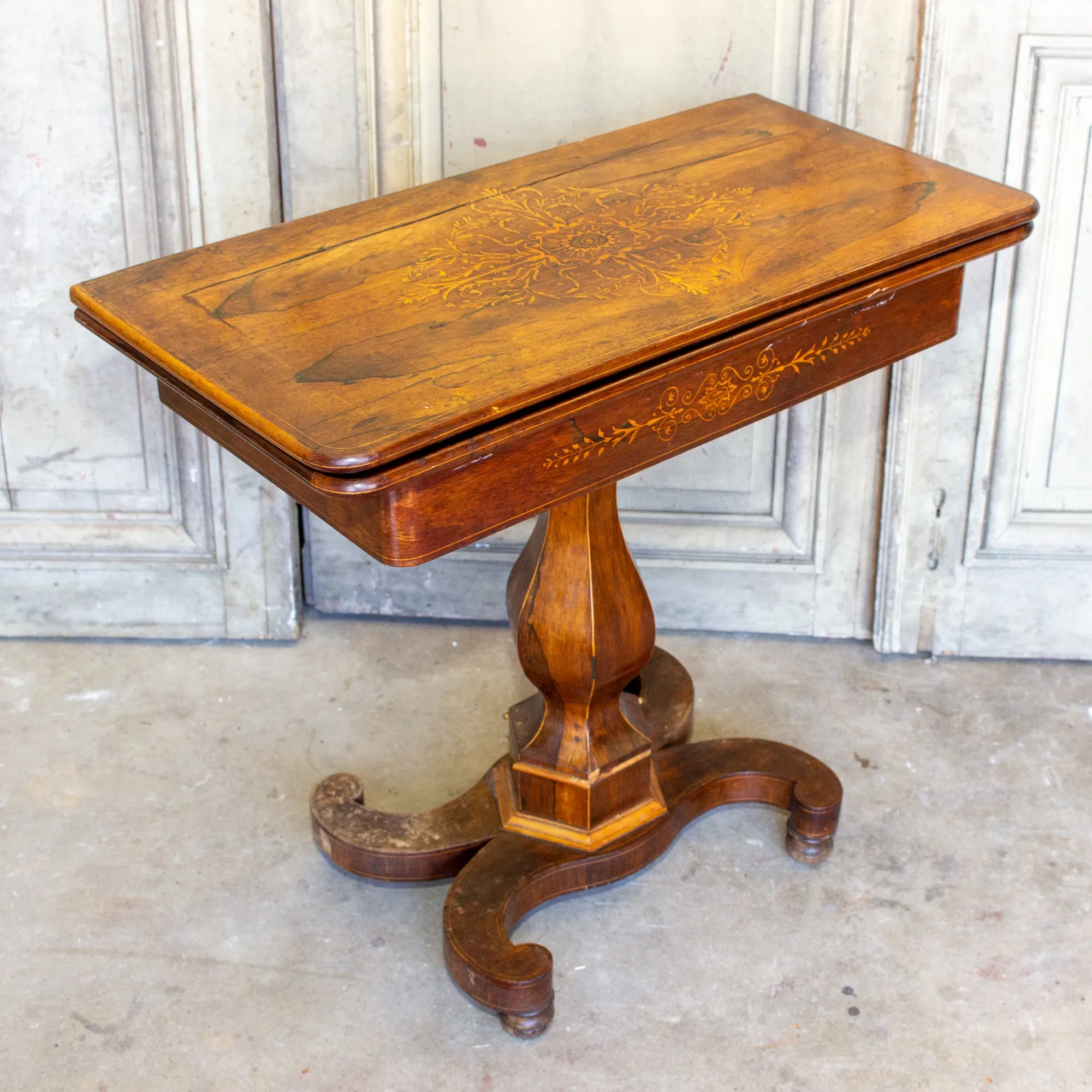 Antique French Folding Game Table Console with Inlaid Details and Velvet