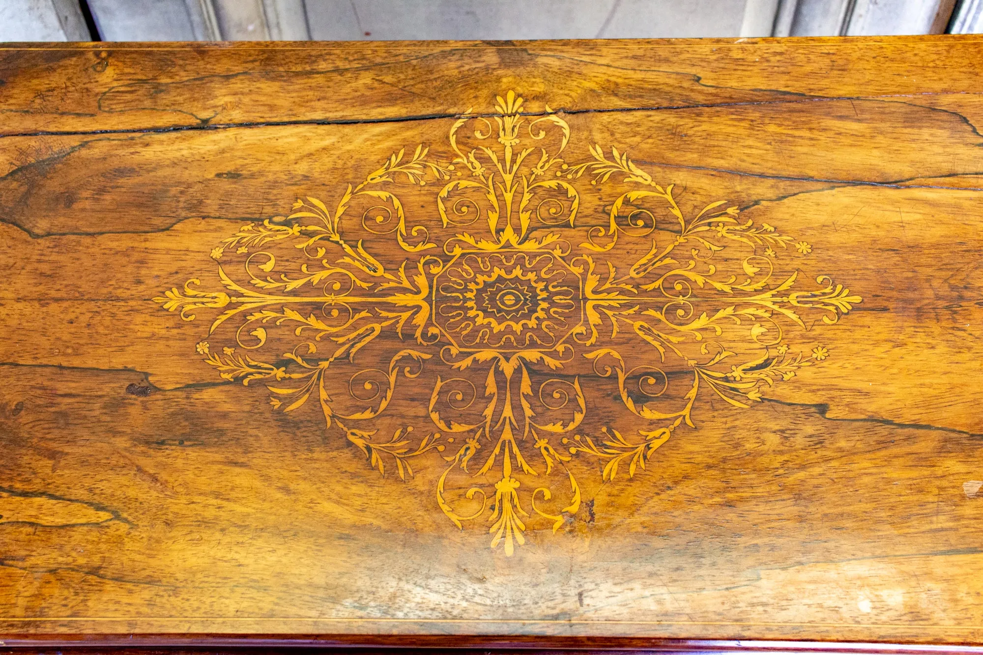 Antique French Folding Game Table Console with Inlaid Details and Velvet