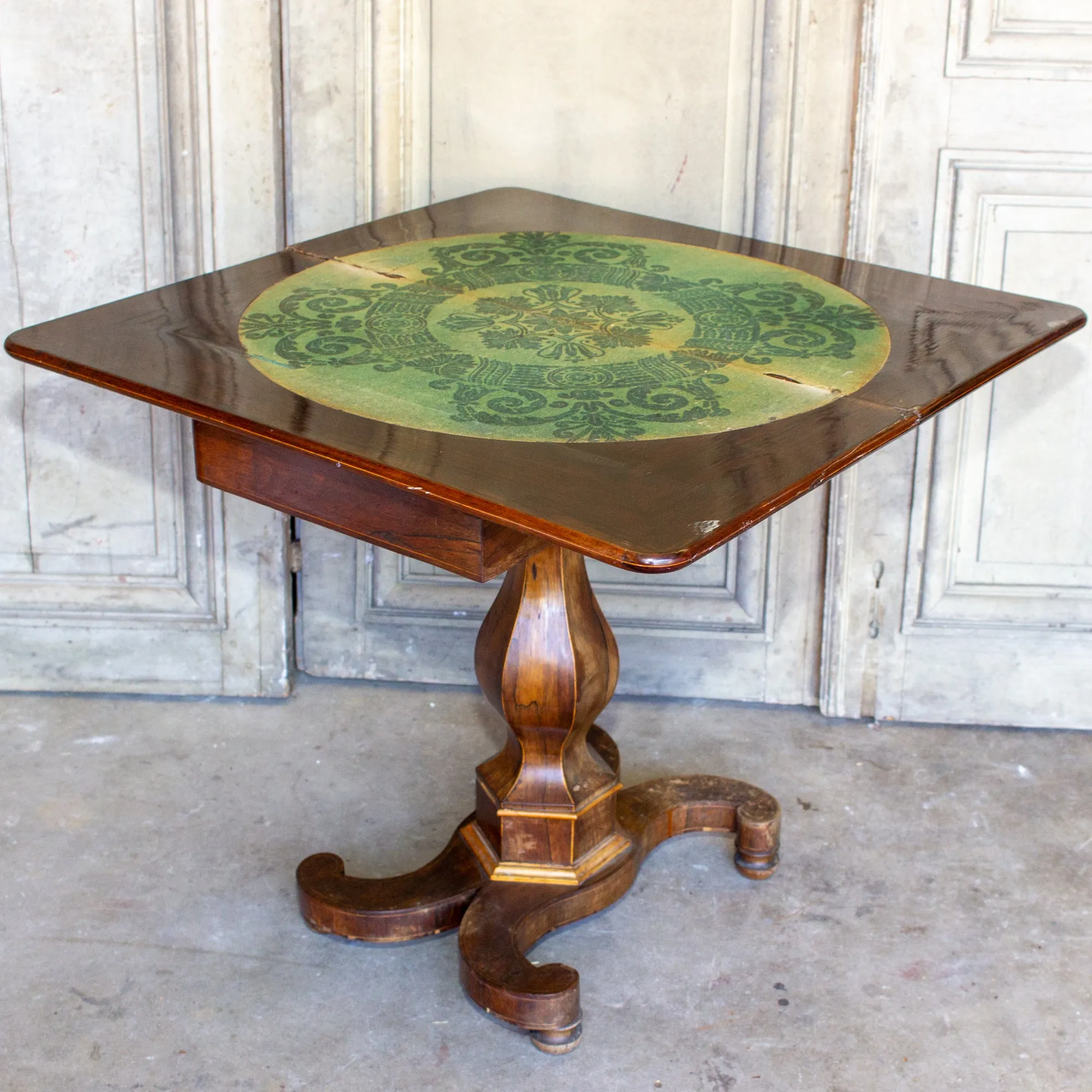 Antique French Folding Game Table Console with Inlaid Details and Velvet