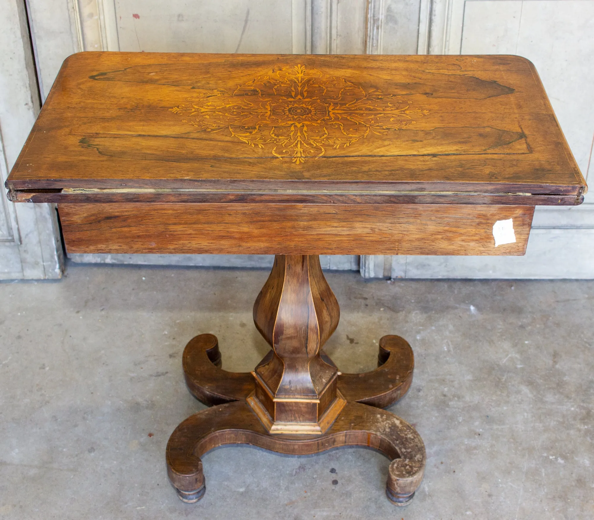 Antique French Folding Game Table Console with Inlaid Details and Velvet