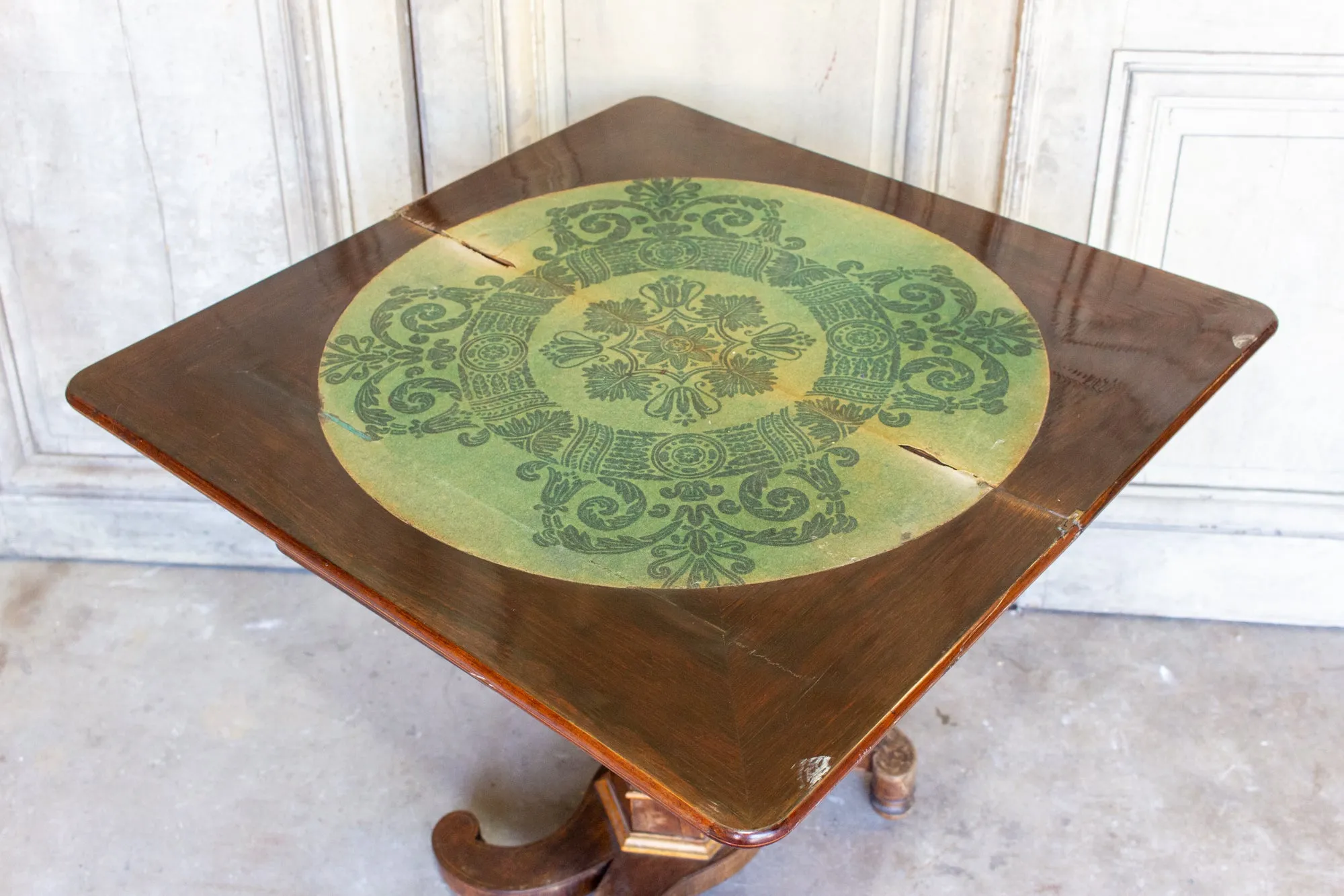 Antique French Folding Game Table Console with Inlaid Details and Velvet