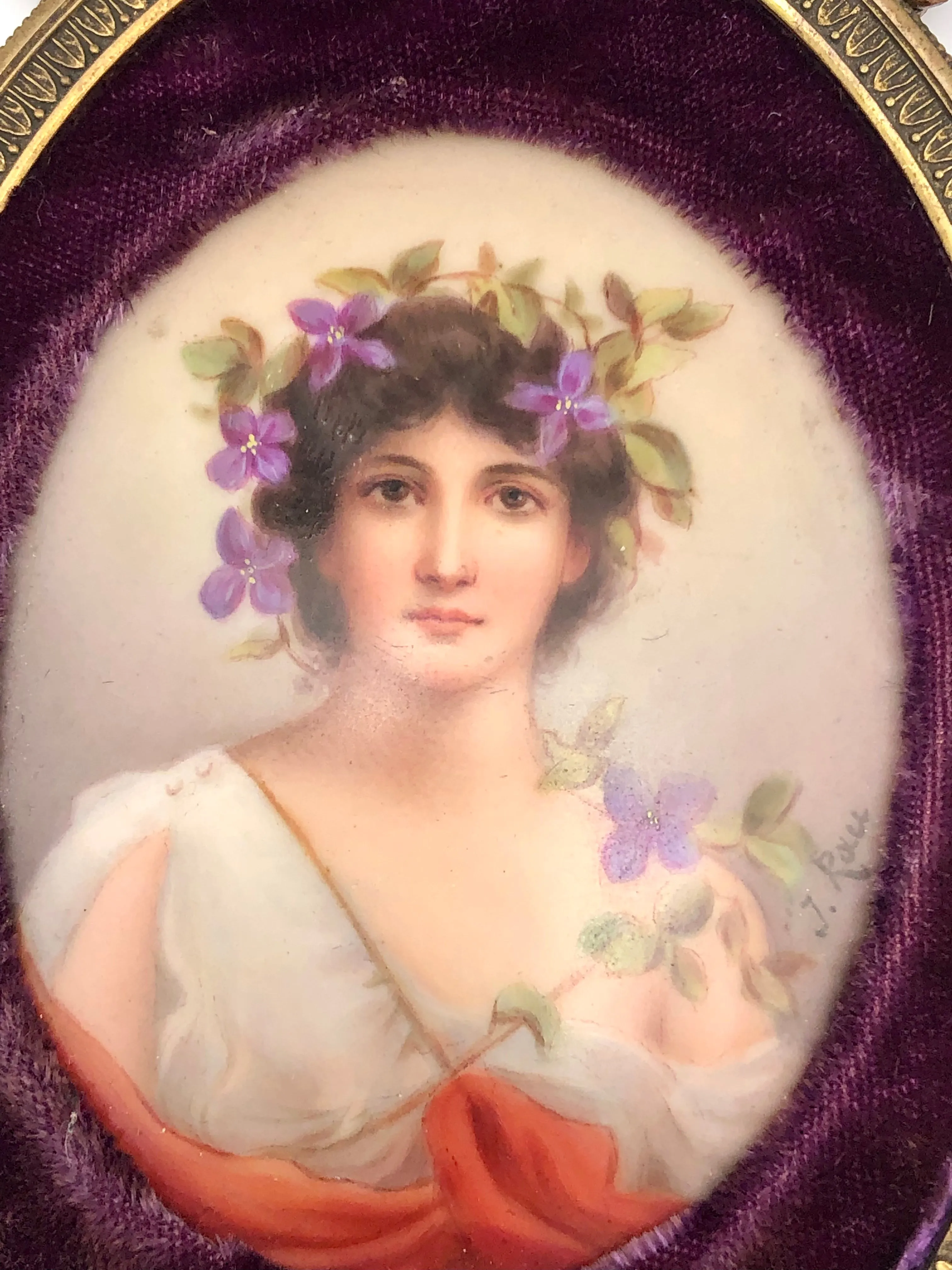 Antique Pair German Porcelain Portrait Miniatures Bronze Frames