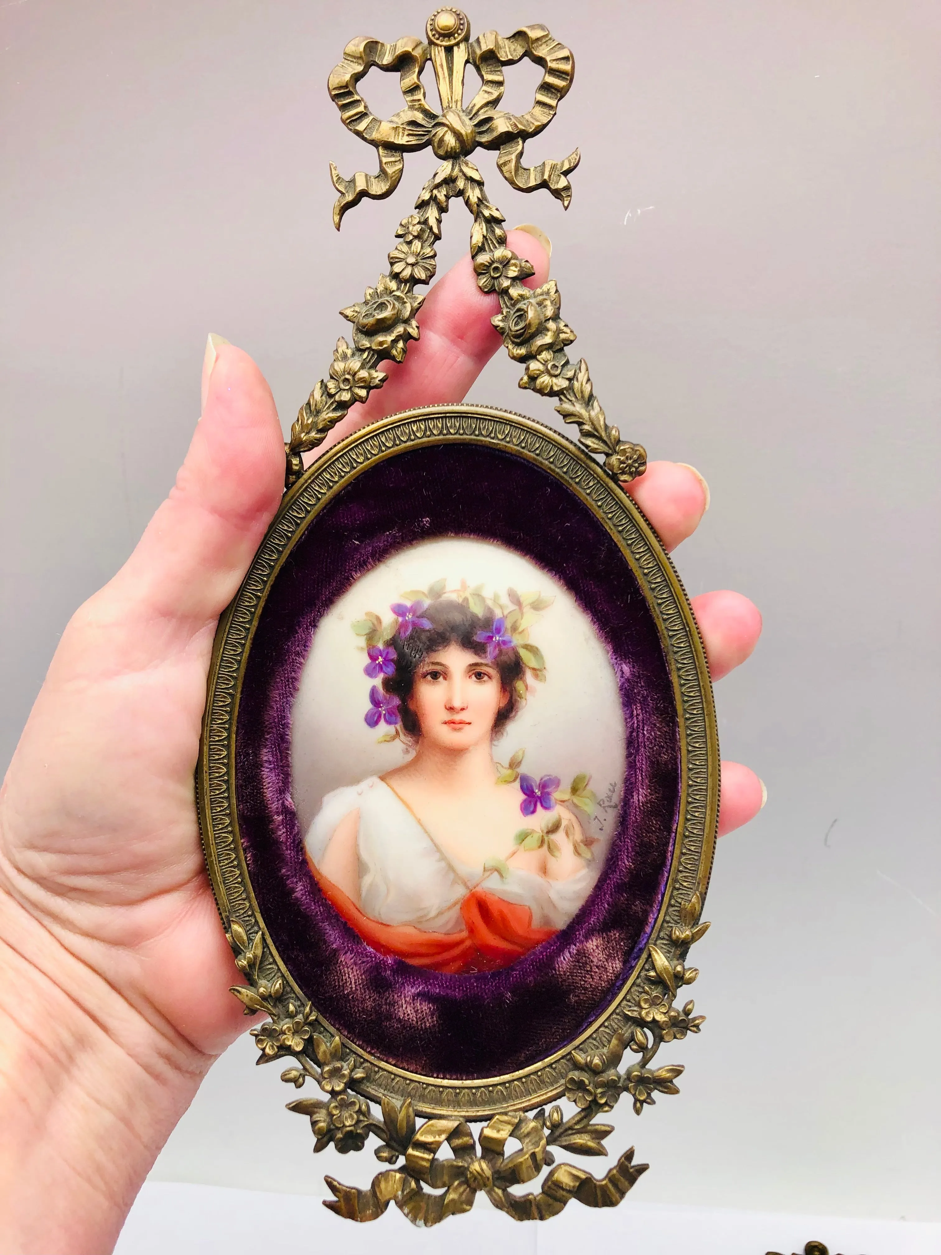 Antique Pair German Porcelain Portrait Miniatures Bronze Frames