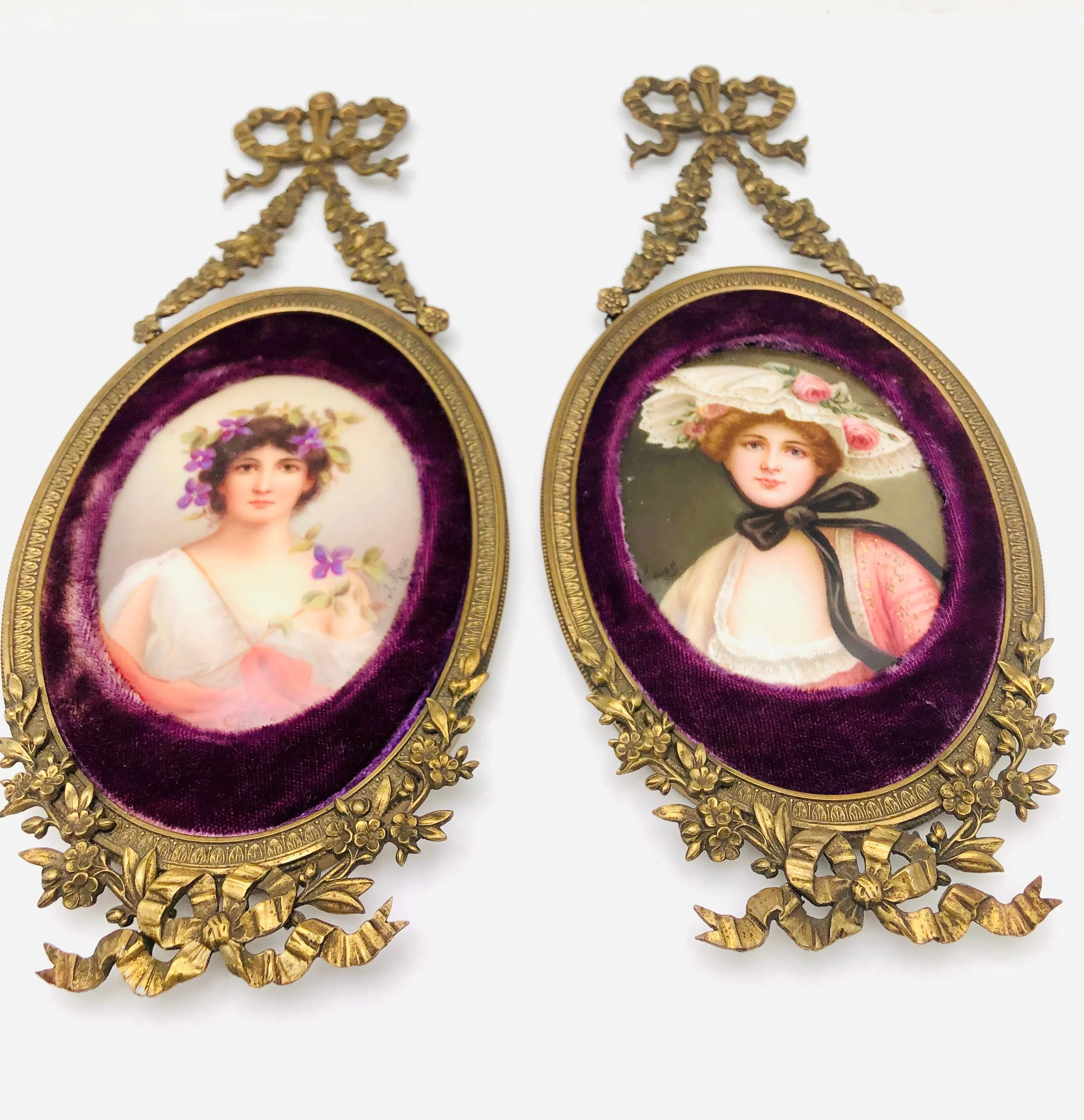 Antique Pair German Porcelain Portrait Miniatures Bronze Frames