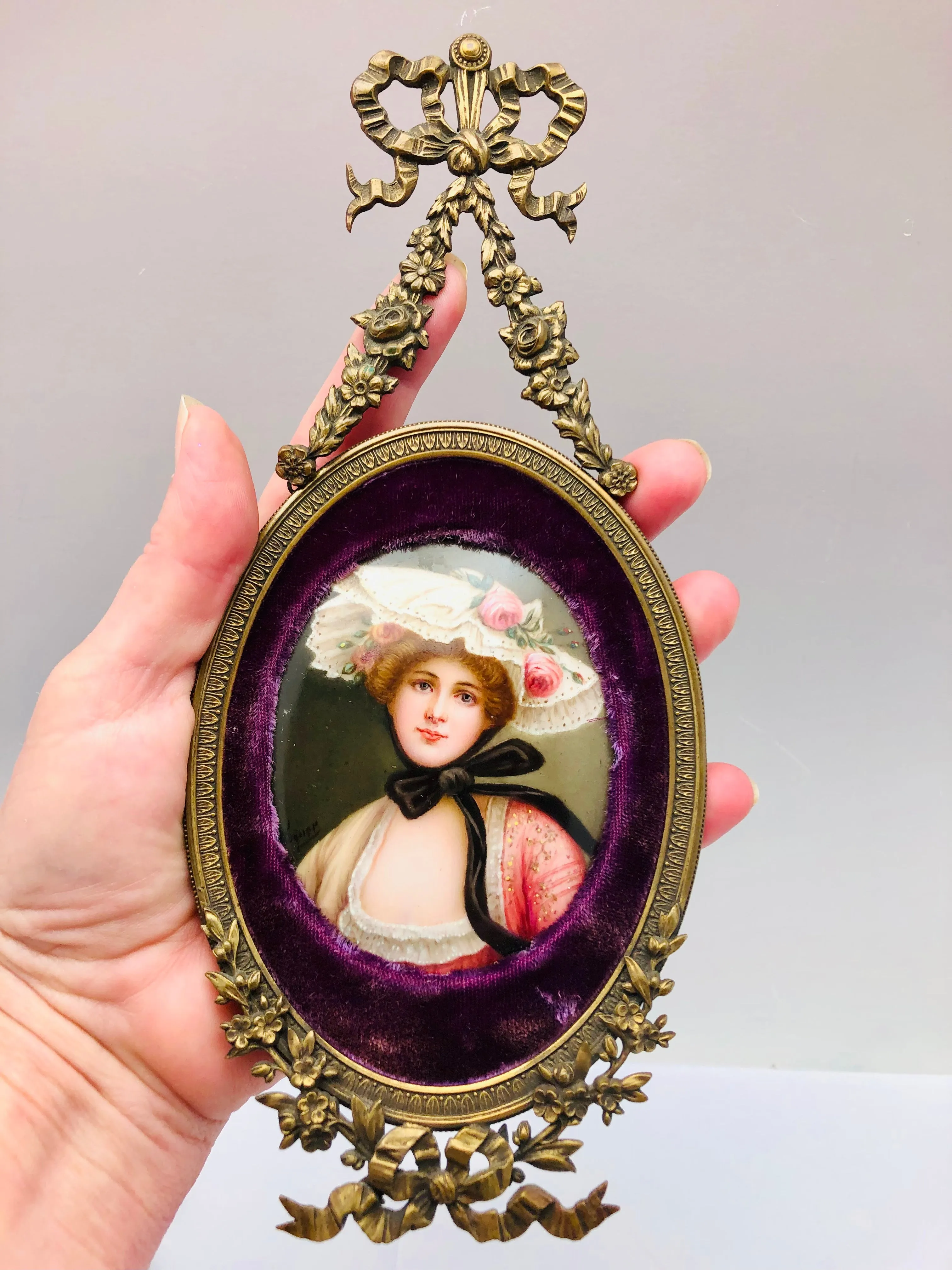Antique Pair German Porcelain Portrait Miniatures Bronze Frames