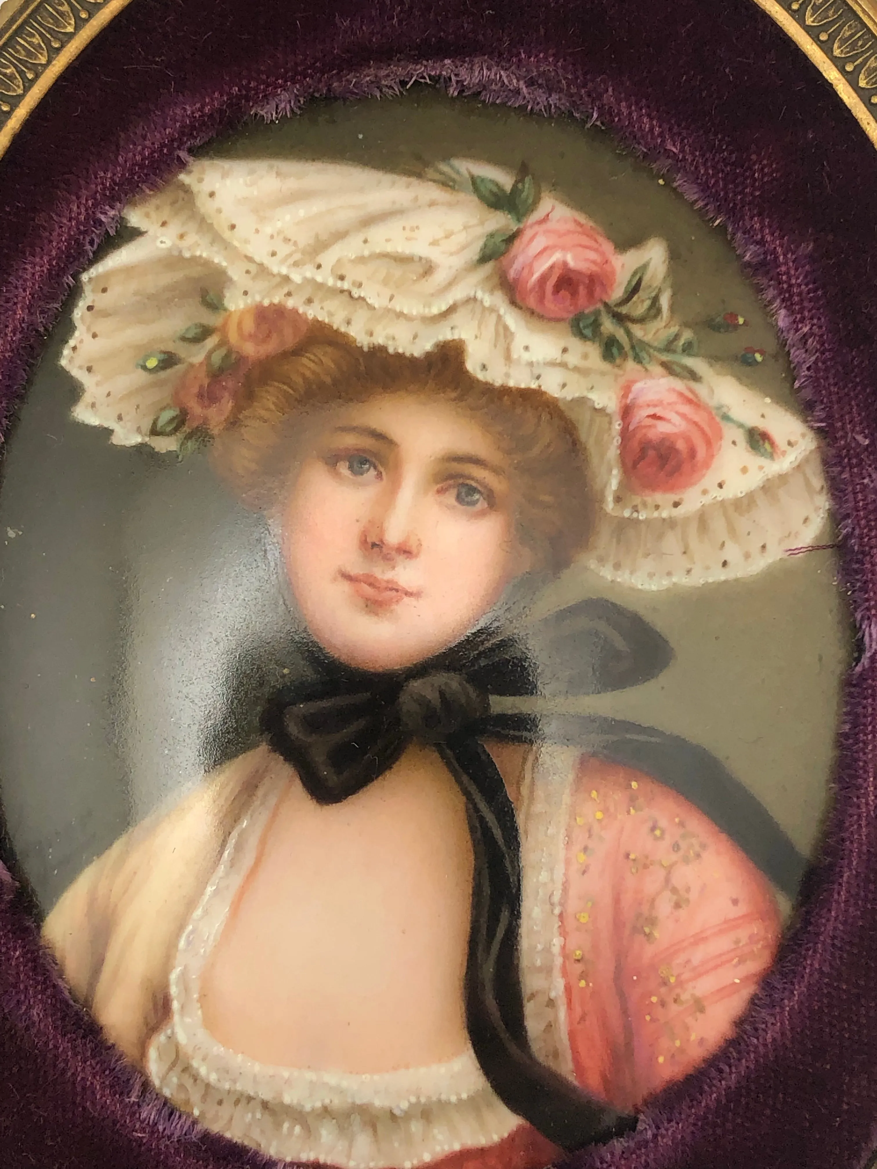 Antique Pair German Porcelain Portrait Miniatures Bronze Frames