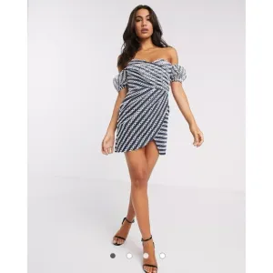 ASOS Design Blue &amp; White Off Shoulder Organza Wrap Mini Dress Size 6 NWT