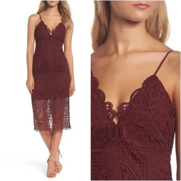 Bardot Burgundy V-Neck Lace Guipure Versailles Midi Dress Size 6 US NWT
