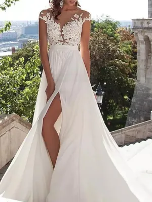 Beach A-Line Sweep Cap Sleeve Bateau Lace Satin Split Wedding Dress