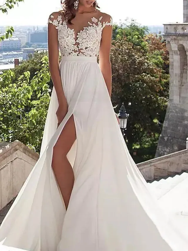 Beach A-Line Sweep Cap Sleeve Bateau Lace Satin Split Wedding Dress