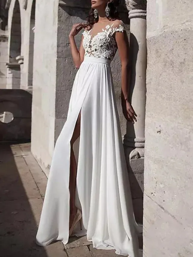 Beach A-Line Sweep Cap Sleeve Bateau Lace Satin Split Wedding Dress