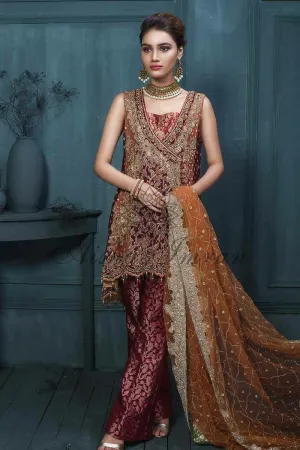 Beautiful bridal dress in maroon and copper color in paplam style with heavy dabka threds nagh crystals and gota work Model#P 1006