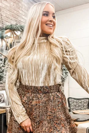 Beige Crinkled Velvet Ruched Sleeve Top