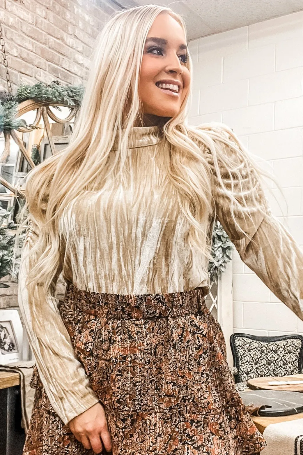 Beige Crinkled Velvet Ruched Sleeve Top