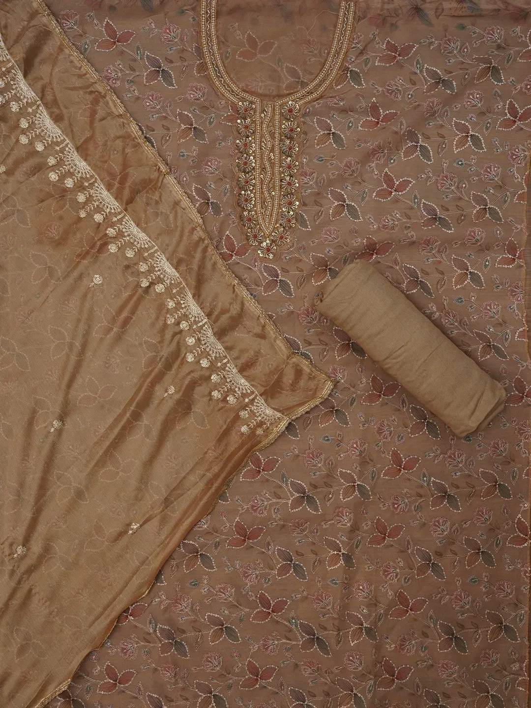 Beige Sequin Embellished Organza Dress Material with Dupatta