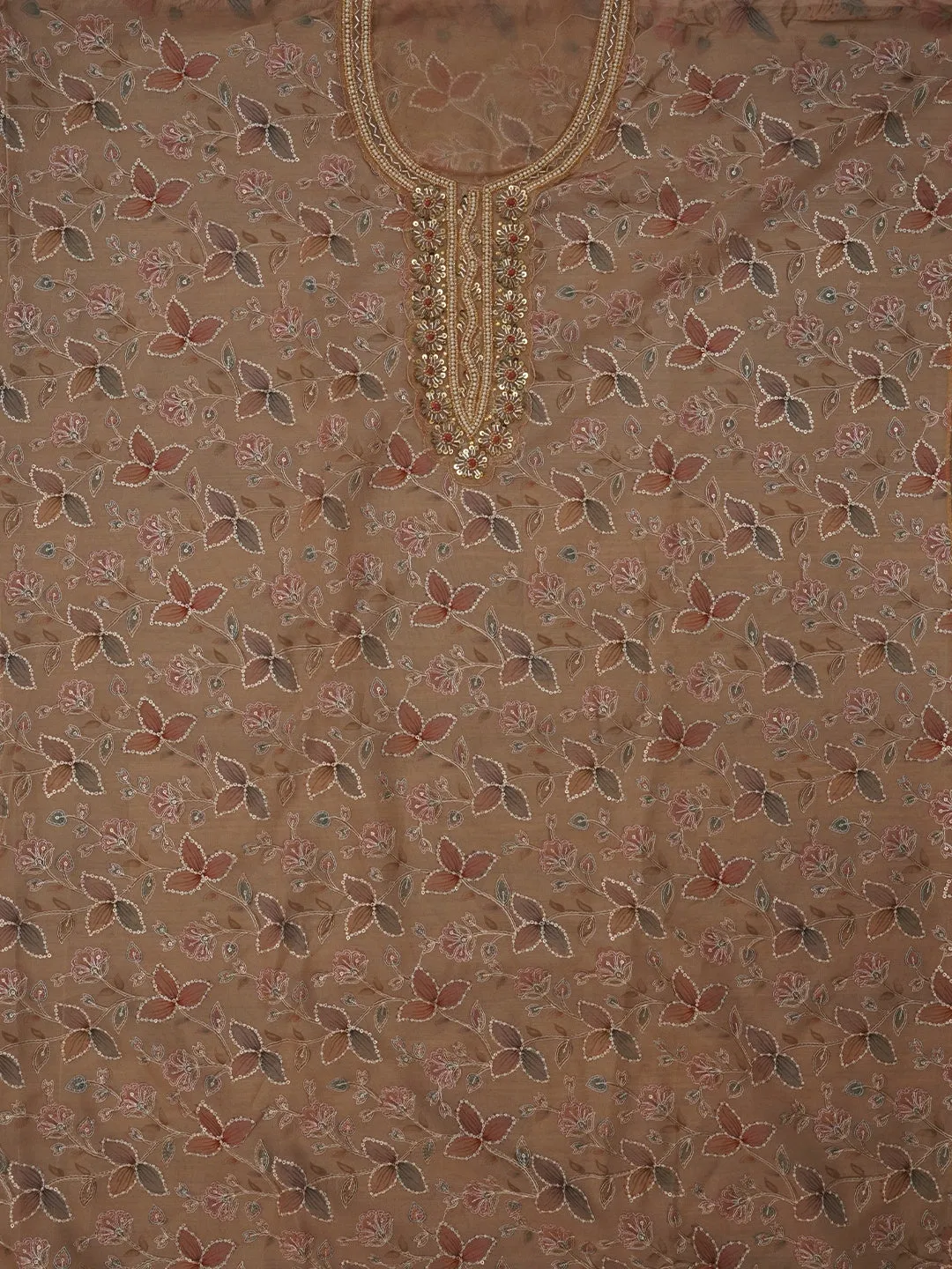 Beige Sequin Embellished Organza Dress Material with Dupatta