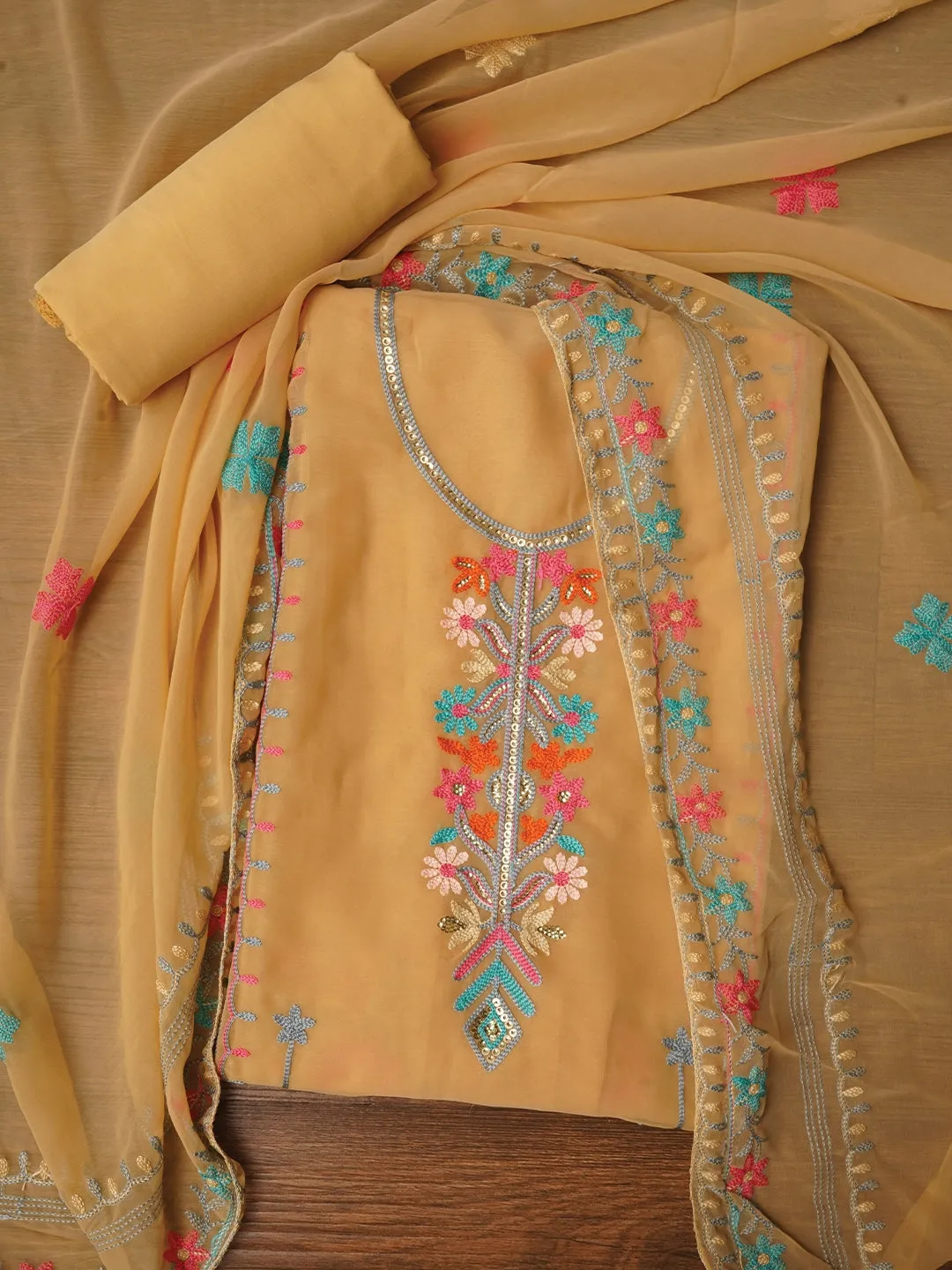 Beige Sequin Embroidered Silk Georgette Dress Material with Dupatta
