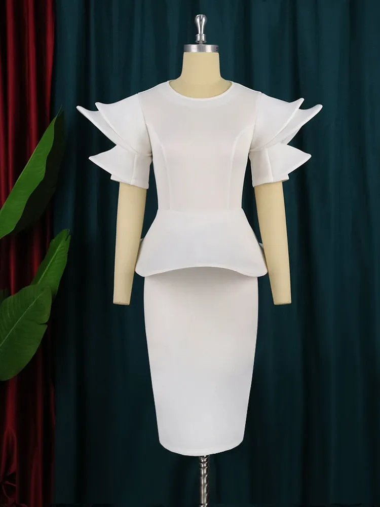 BerryBetty - Women White Party Dresses Stylish Short Sleeves Ruffles Peplum Bodycon Christmas Event Birthday Wedding Guest Female Large Size