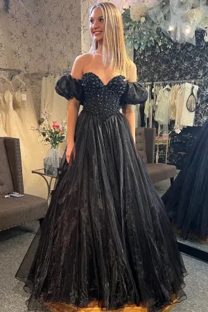 Black A-line Puff Off-the-Shoulder Beaded Tulle Long Prom Dress