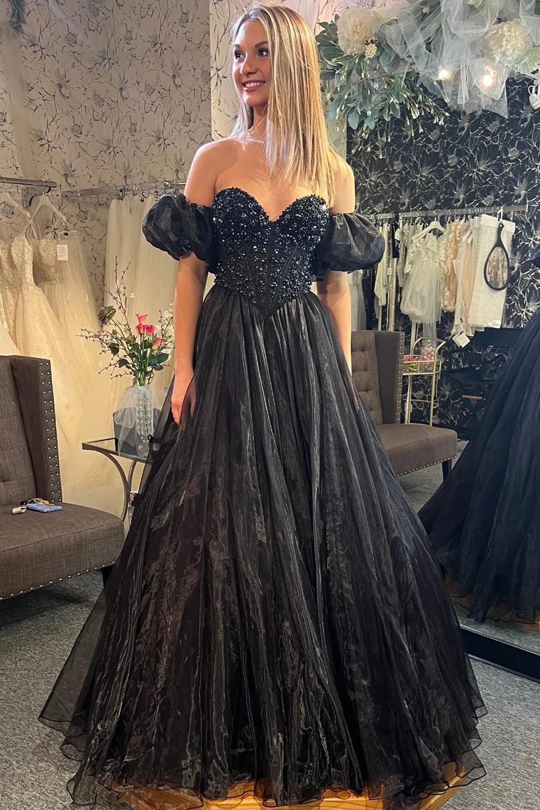Black A-line Puff Off-the-Shoulder Beaded Tulle Long Prom Dress