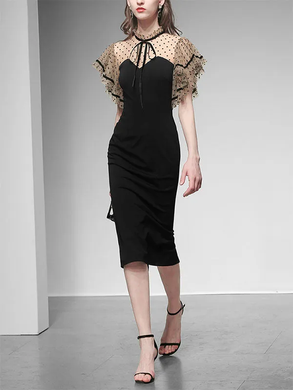 Black Butterfly Sleeve Polka Dots Pencil Dress