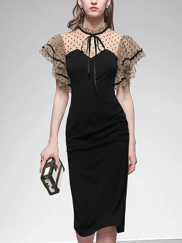 Black Butterfly Sleeve Polka Dots Pencil Dress