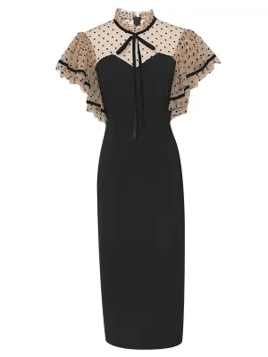 Black Butterfly Sleeve Polka Dots Pencil Dress