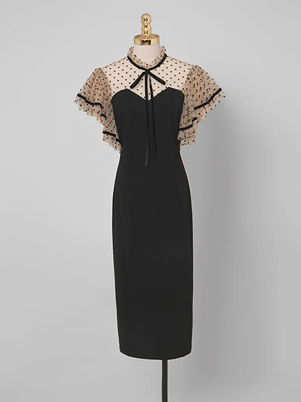 Black Butterfly Sleeve Polka Dots Pencil Dress
