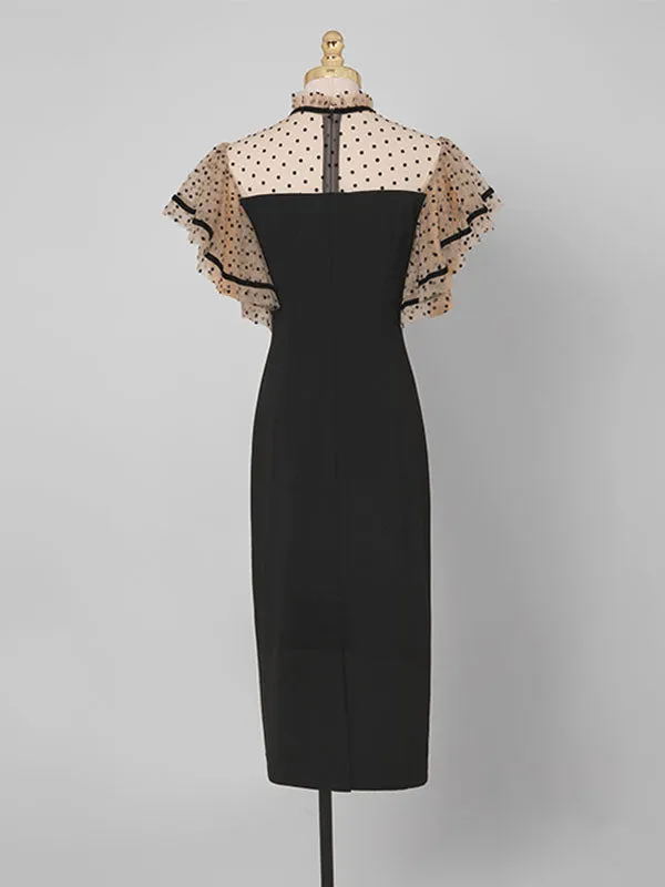 Black Butterfly Sleeve Polka Dots Pencil Dress
