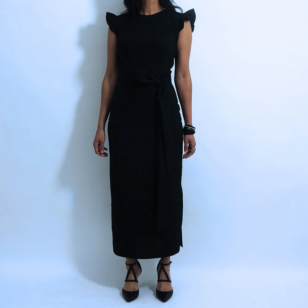 Black Cotton Ruffle Short Sleeves Fitted Top | ALPHONSINA