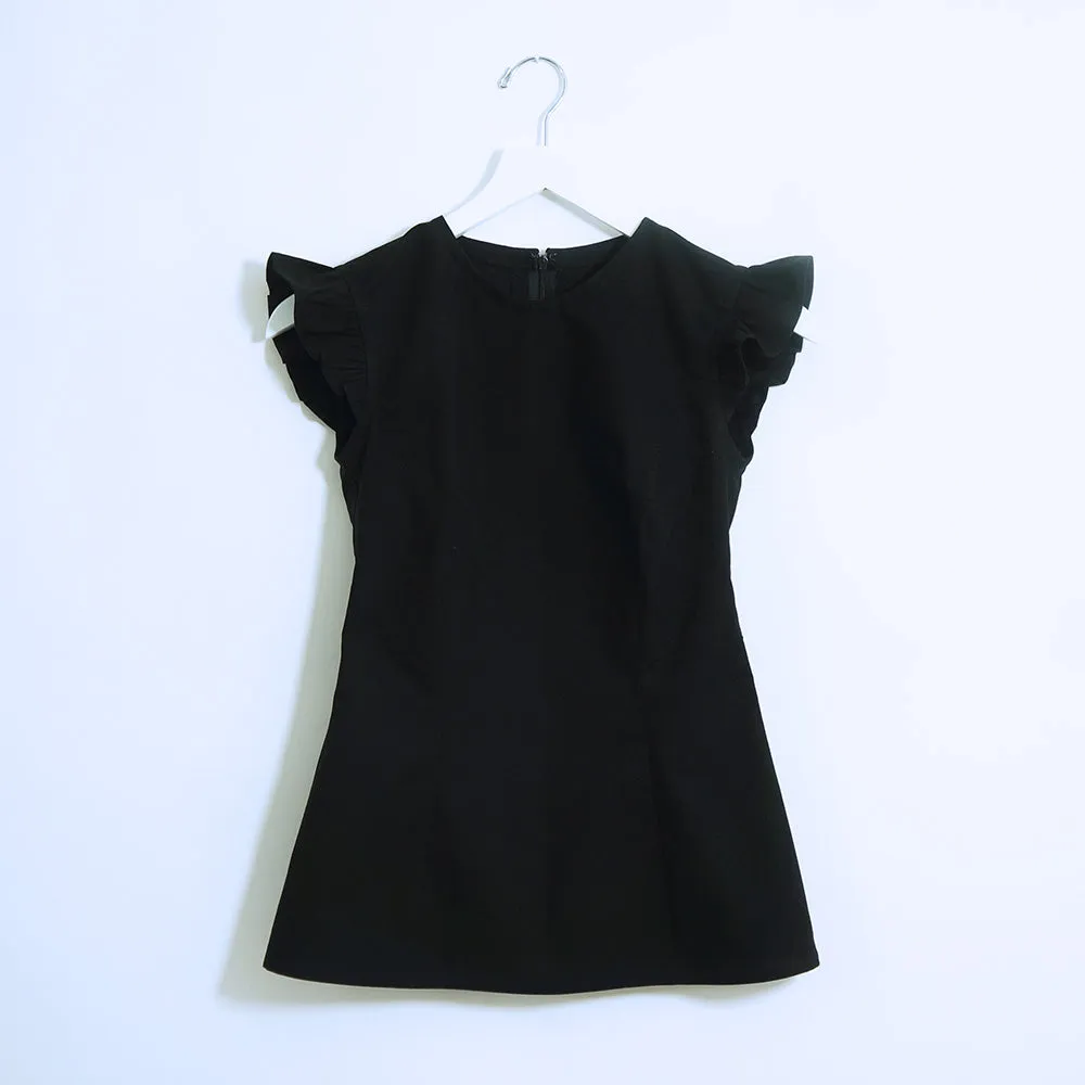 Black Cotton Ruffle Short Sleeves Fitted Top | ALPHONSINA