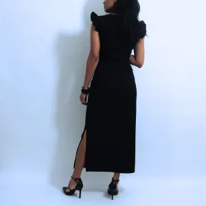 Black Cotton Ruffle Short Sleeves Fitted Top | ALPHONSINA