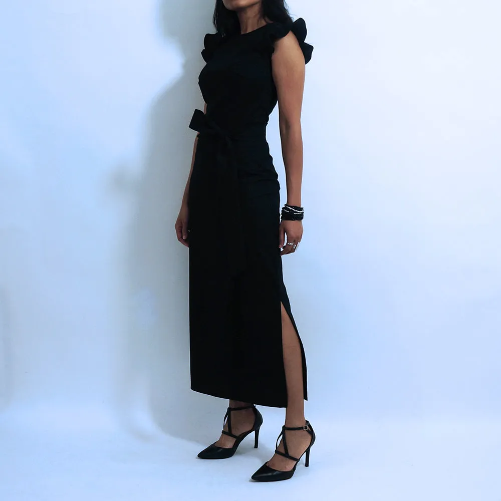 Black Cotton Ruffle Short Sleeves Fitted Top | ALPHONSINA