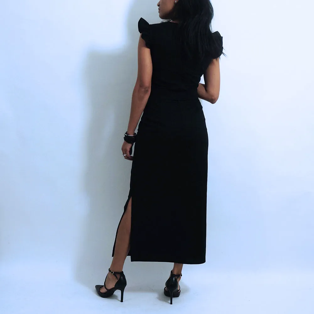 Black Cotton Ruffle Short Sleeves Fitted Top | ALPHONSINA