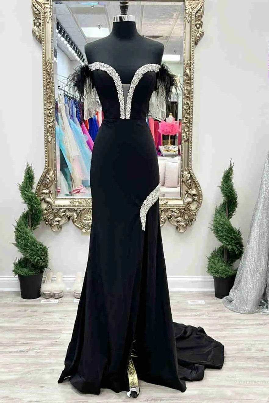 Black Feather Off-the-Shoulder Beaded Mermaid Prom Dress