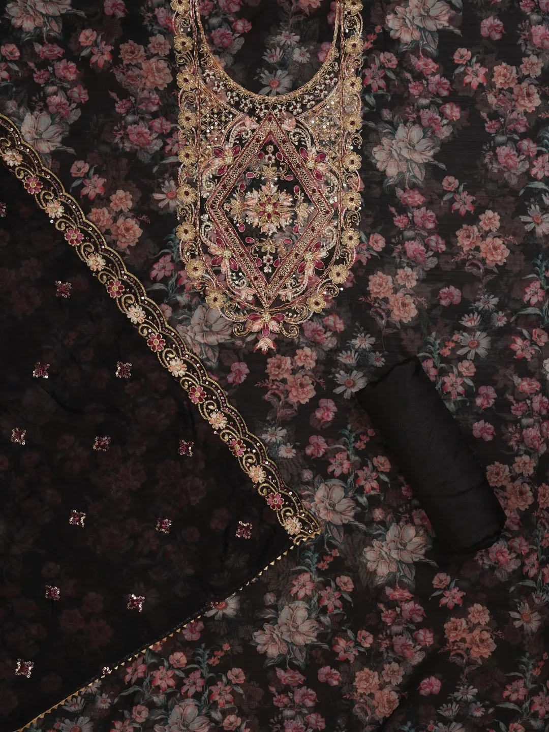 Black Floral Printed Sequin Embroidered Dress Material with Dupatta