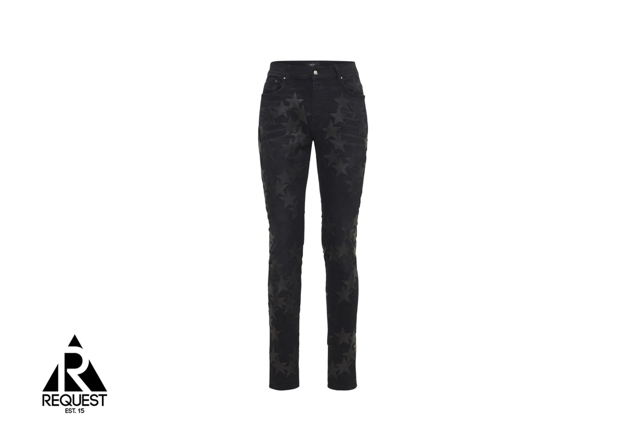 Black Leather Star Applique Chemist Denim "Overdyed Black"