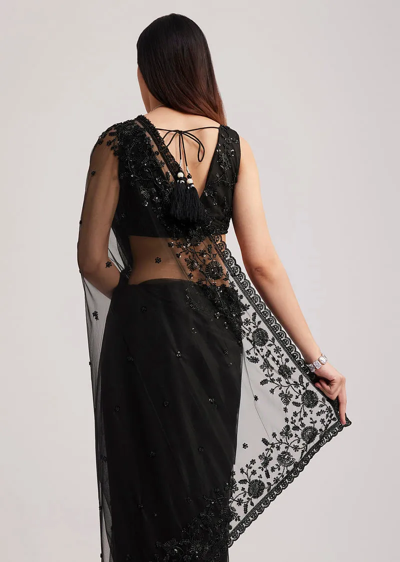 Black Net Heavy Embroidered Saree With Sequins And Stones