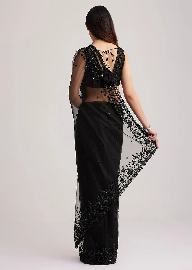Black Net Heavy Embroidered Saree With Sequins And Stones